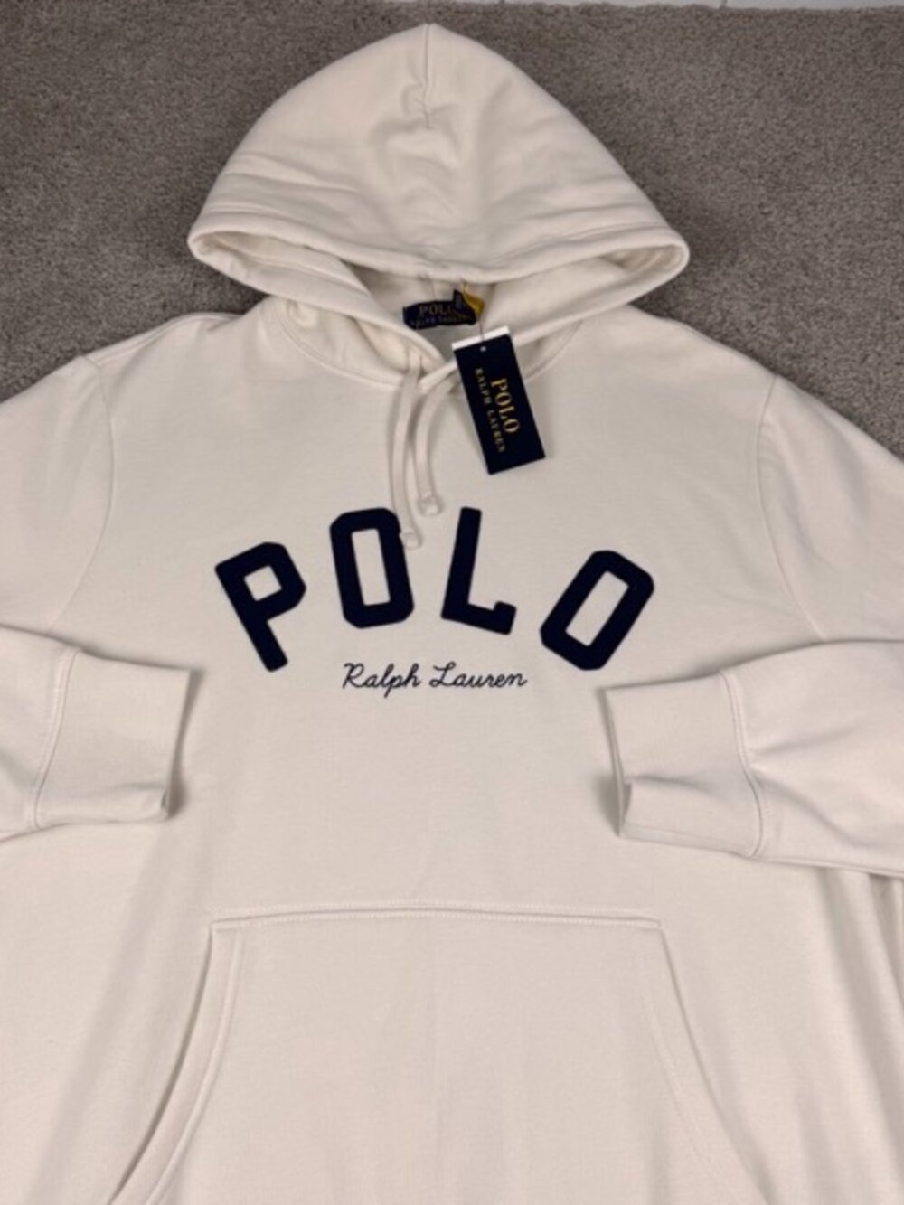NWT Polo Ralph Lauren Logo Fleece Hoodie Spell Out Pull Over Men's L Navy White